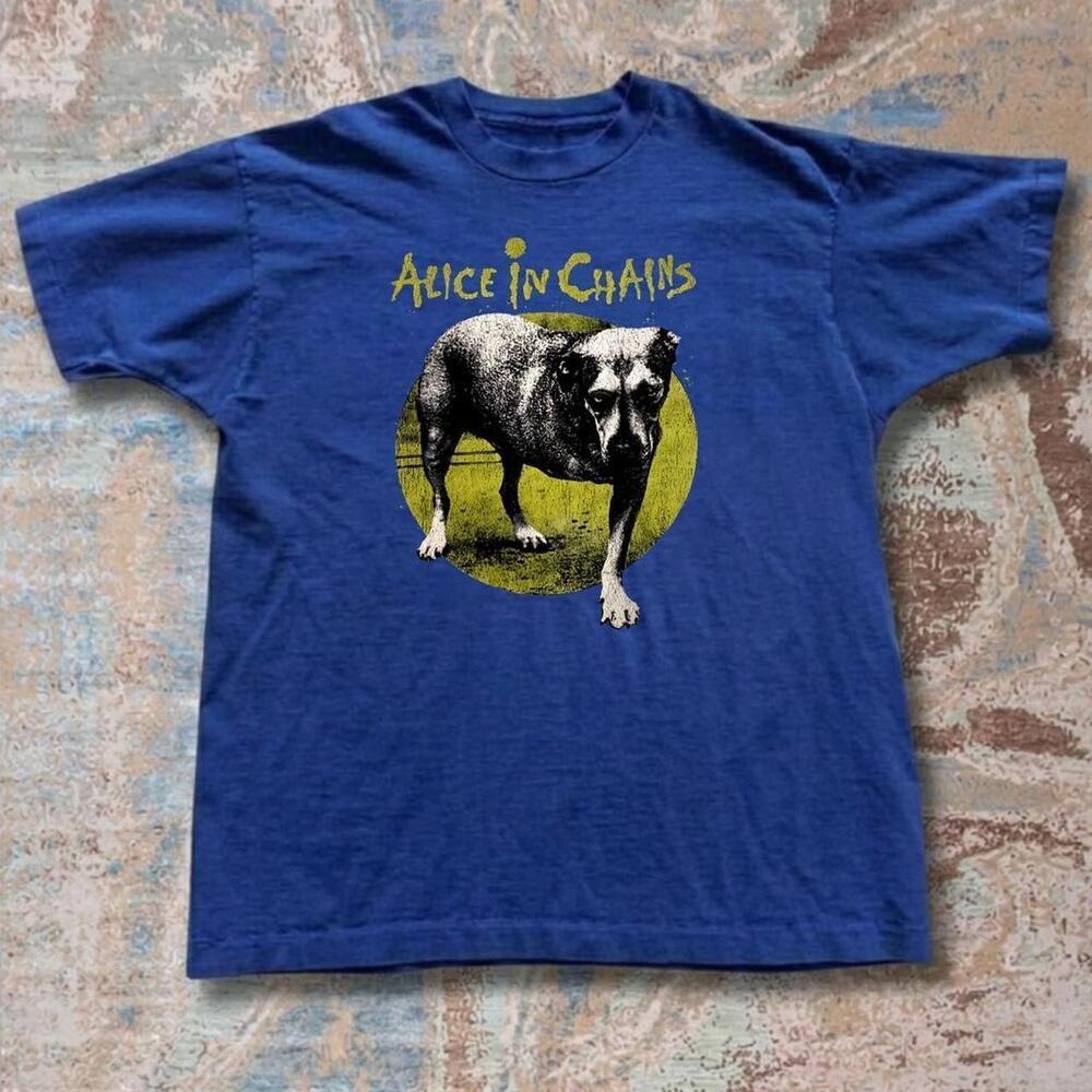 Alice In Chains Blue T-Shirt With Black Dog Graphic On A Yellow Circle